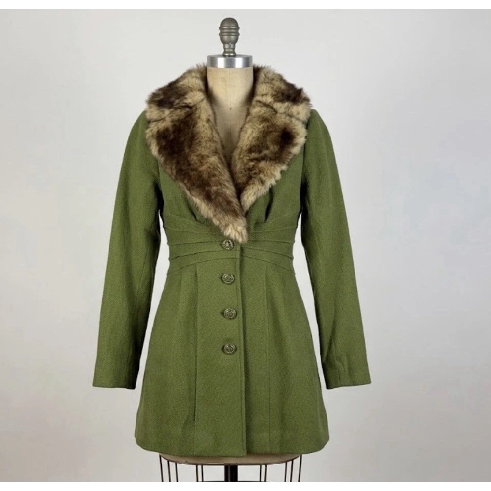 VTG Rampage Y2K Faux Fur Collar Preppy Pea Coat In Green Womens Sz XS